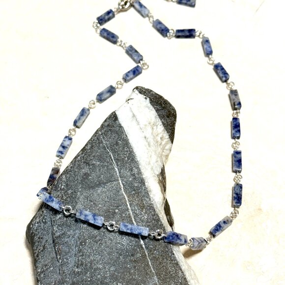 Genuine Blue White Sodalite Matinee Necklace, Gemstone Adjustable Necklace - Picture 3 of 12
